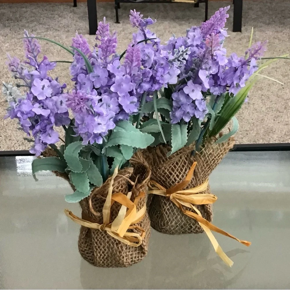 Lavender Faux Floral Arrangement in Burlap Wrap